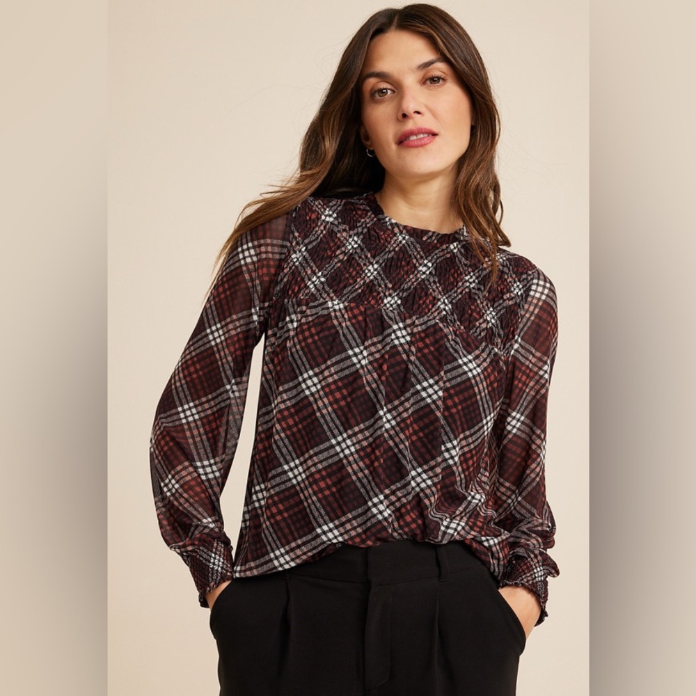Maurices Browns, Black & Cream Plaid Blouse